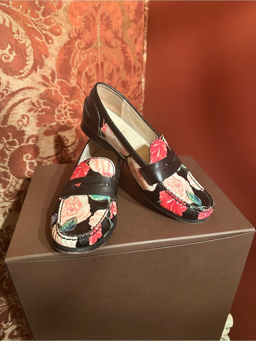 Cole Haan Black Floral Leather Penny Loafers - Pink & Red Roses, hand stitched